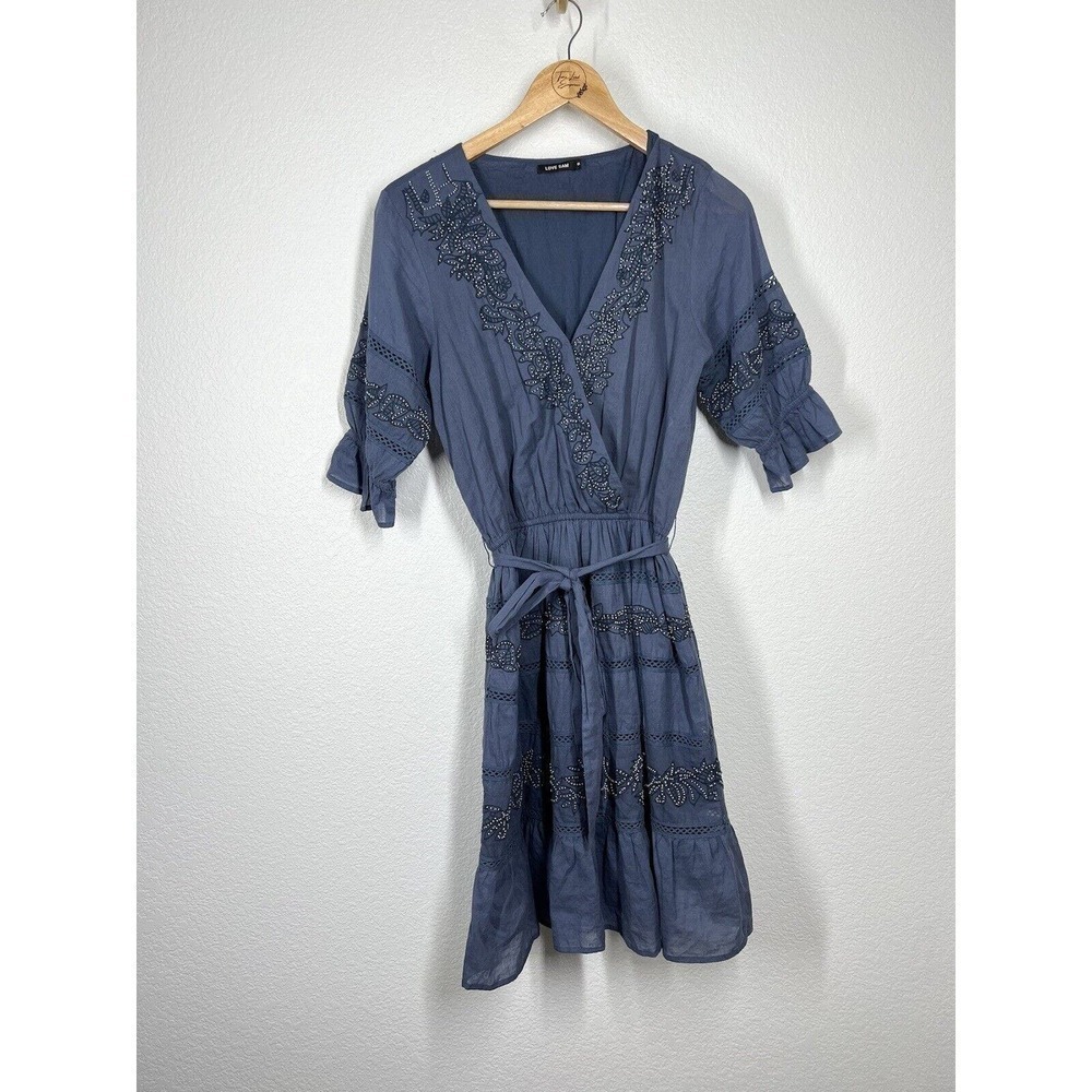 Love Sam Beaded Embroidered Boho Dress Small Dark Blue Ruffle Lace Anthropologie